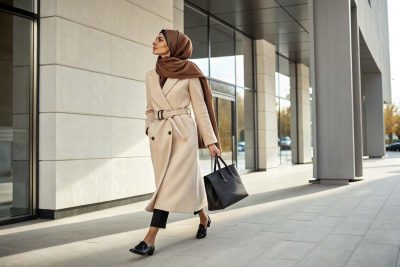مانتو بلند کمربنددار زنانه برای محل کار با شال قهوه‌ای و کیف مشکی