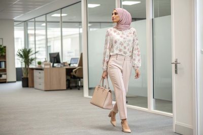 بلوز گل‌دار ریز زنانه با شلوار ساده و شال صورتی ملایم