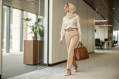 استایل کرم یک‌دست زنانه برای محیط کار با کیف عسلی و کفش بژ