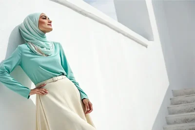 زن با پوست سبزه با بلوز فیروزه‌ای و دامن کرمی