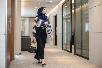 بلوز راه‌راه زنانه با دامن بلند مشکی تا مچ پا و شال سرمه‌ای