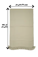 شال نخی زردار سبز زیتونی روشن با لبه چین‌دار، در تصویر ابعاد شال به اندازه قد ۱۹۰ سانتی‌متر و عرض ۷۰ سانتی‌متر نمایش داده شده است