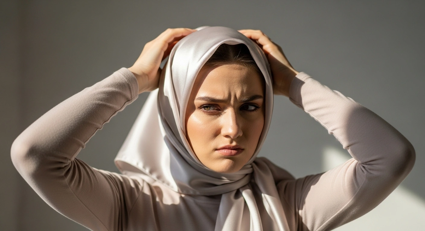 خانمی که در حال مرتب کردن شال لیز خورده از روی سرش است.