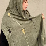 شال رنگ سبز زیتونی با گلدوزی مشکی و خردلی