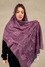 شال بادمجانی (بنفش تیره) با گلدوزی صورتی روشن